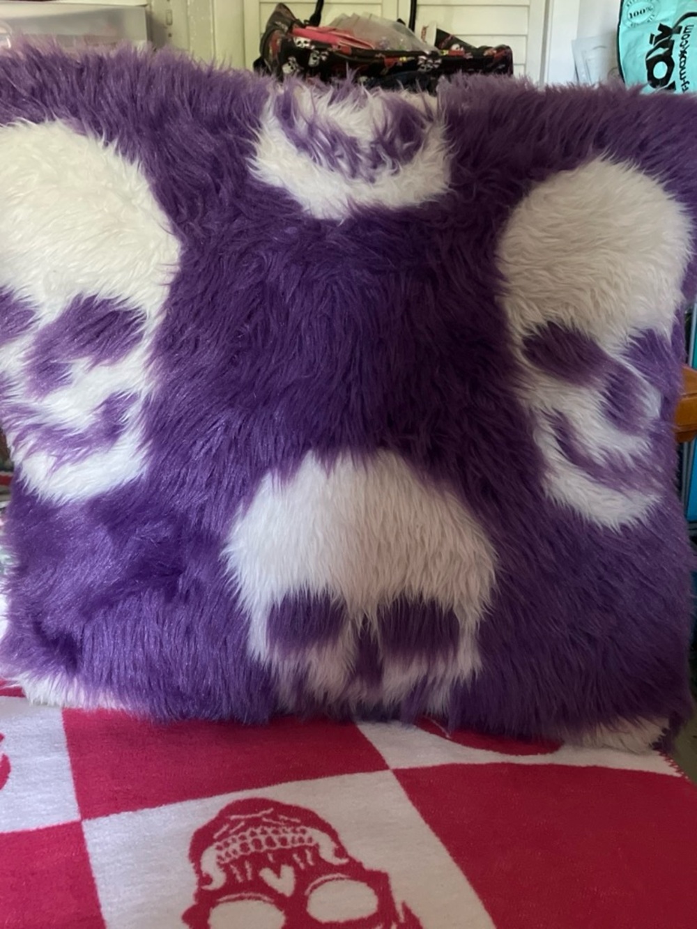 T.J.Maxx Purple and White Faux Fur Skull Accent Pillow